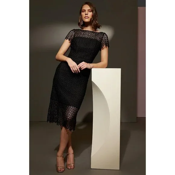 🆕KAY UNGER Tatum Lace Midi Cocktail Dress Black 10 - Picture 1 of 11